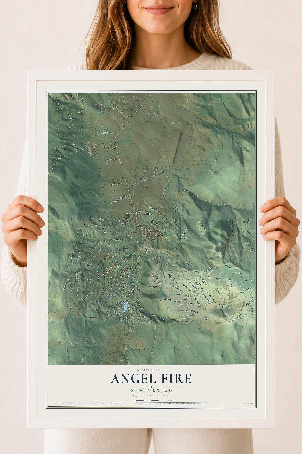 Map of Angel Fire, New Mexico, 18 x 24 inch print in a white wood frame