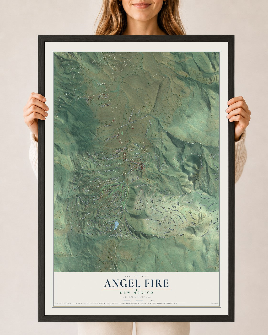 Map of Angel Fire, New Mexico, 24 x 36 inch print in a black wood frame