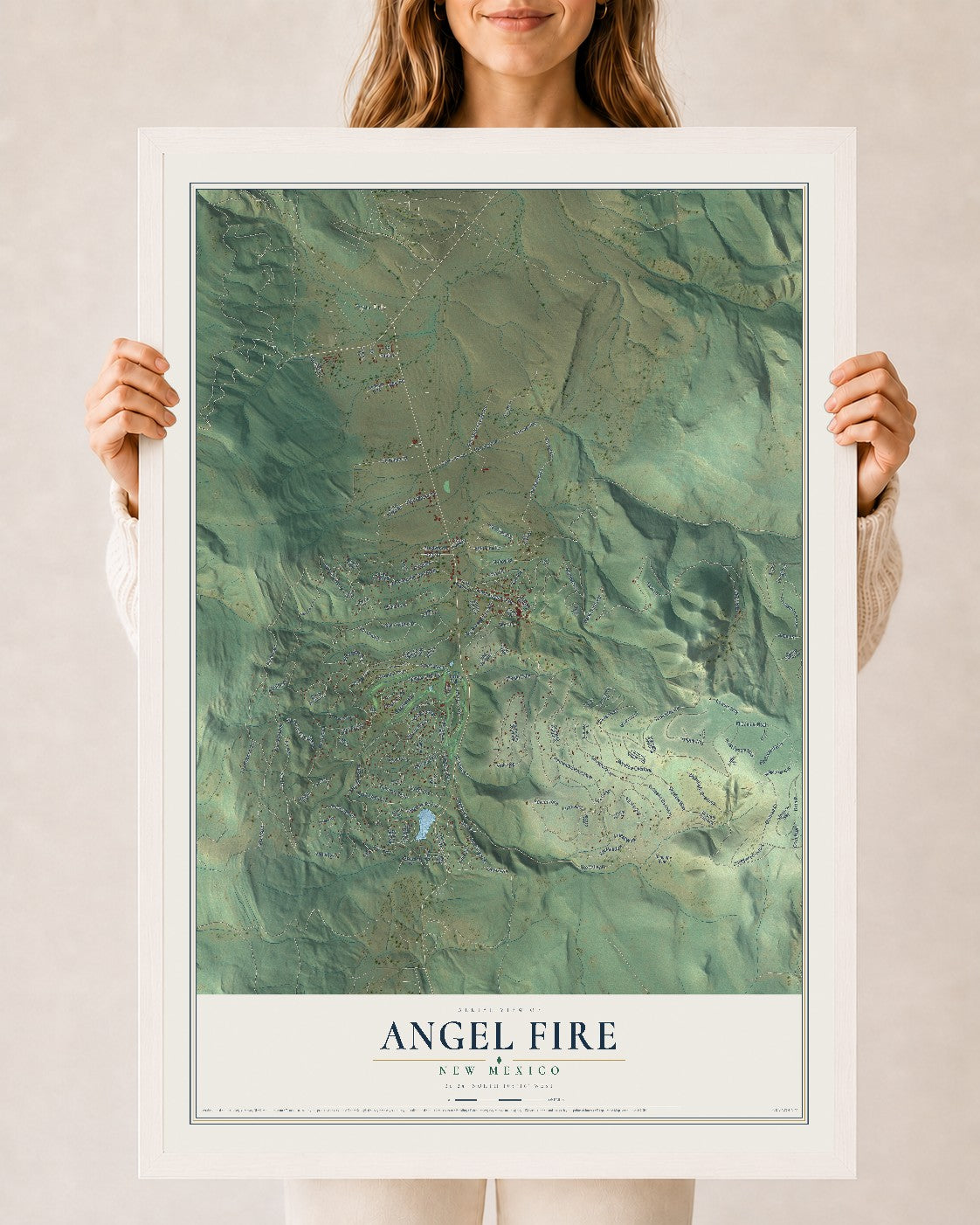 Map of Angel Fire, New Mexico, 24 x 36 inch print in a white wood frame