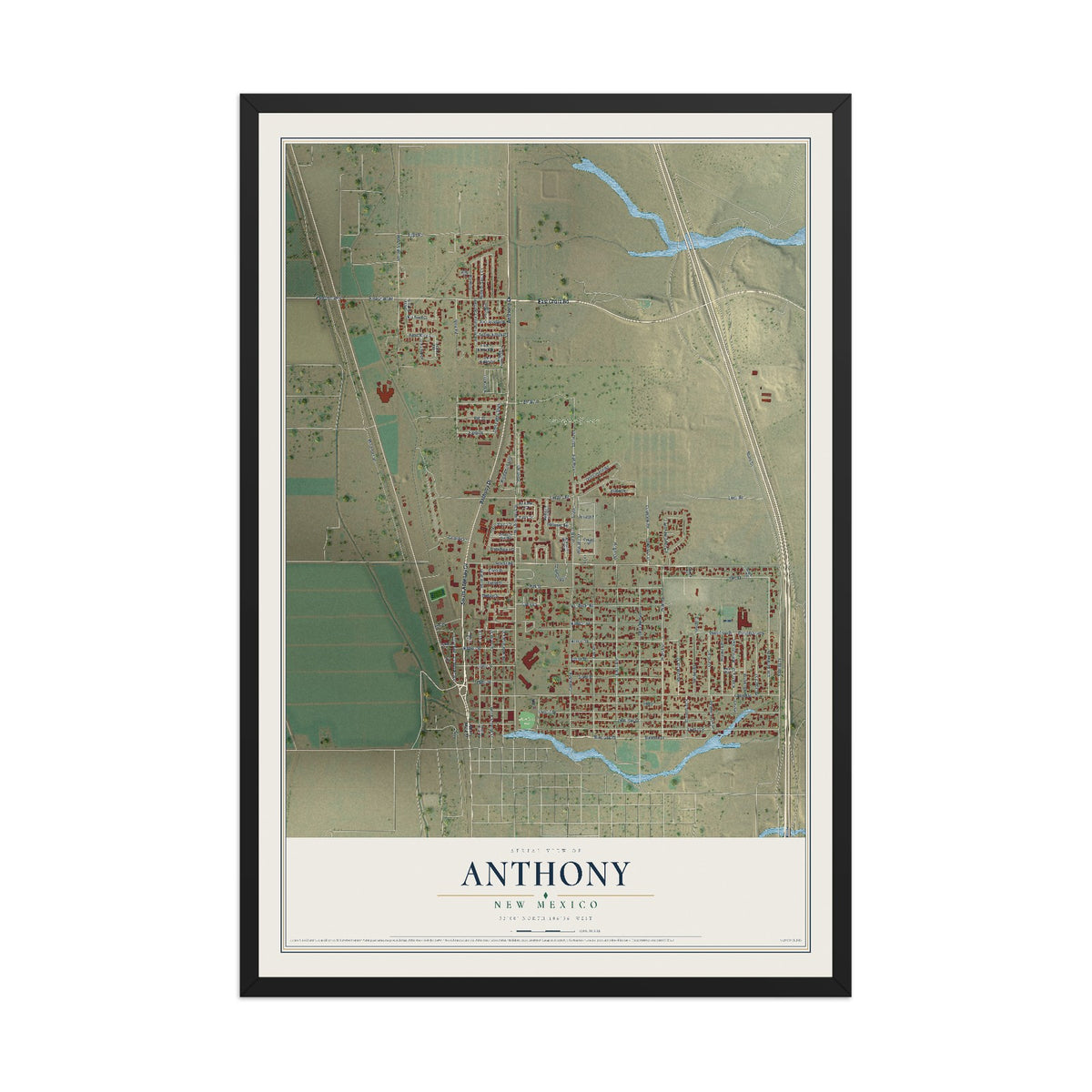 Map of Anthony, New Mexico, 12 x 18 inch print in a black wood frame