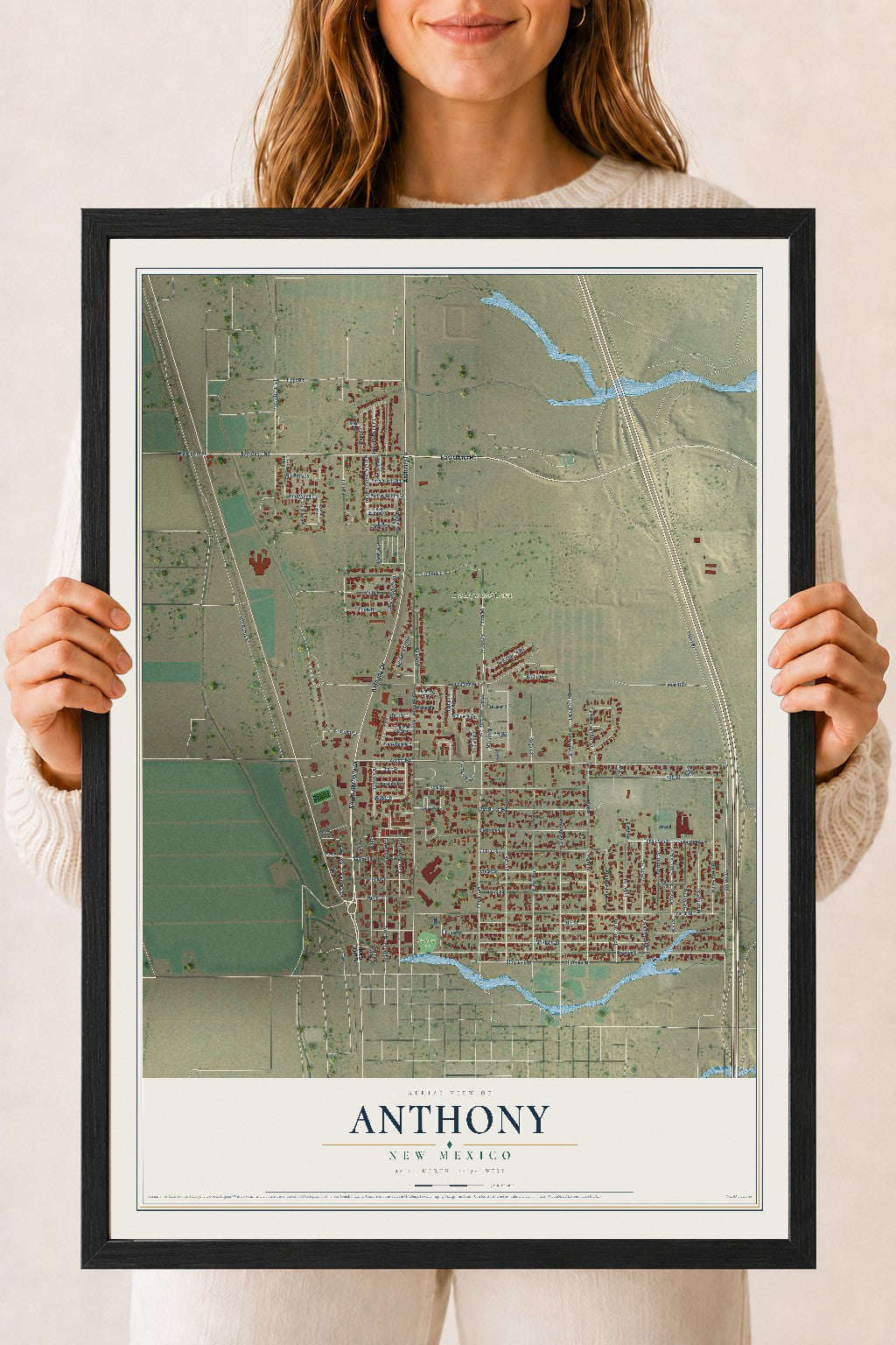 Map of Anthony, New Mexico, 18 x 24 inch print in a black wood frame