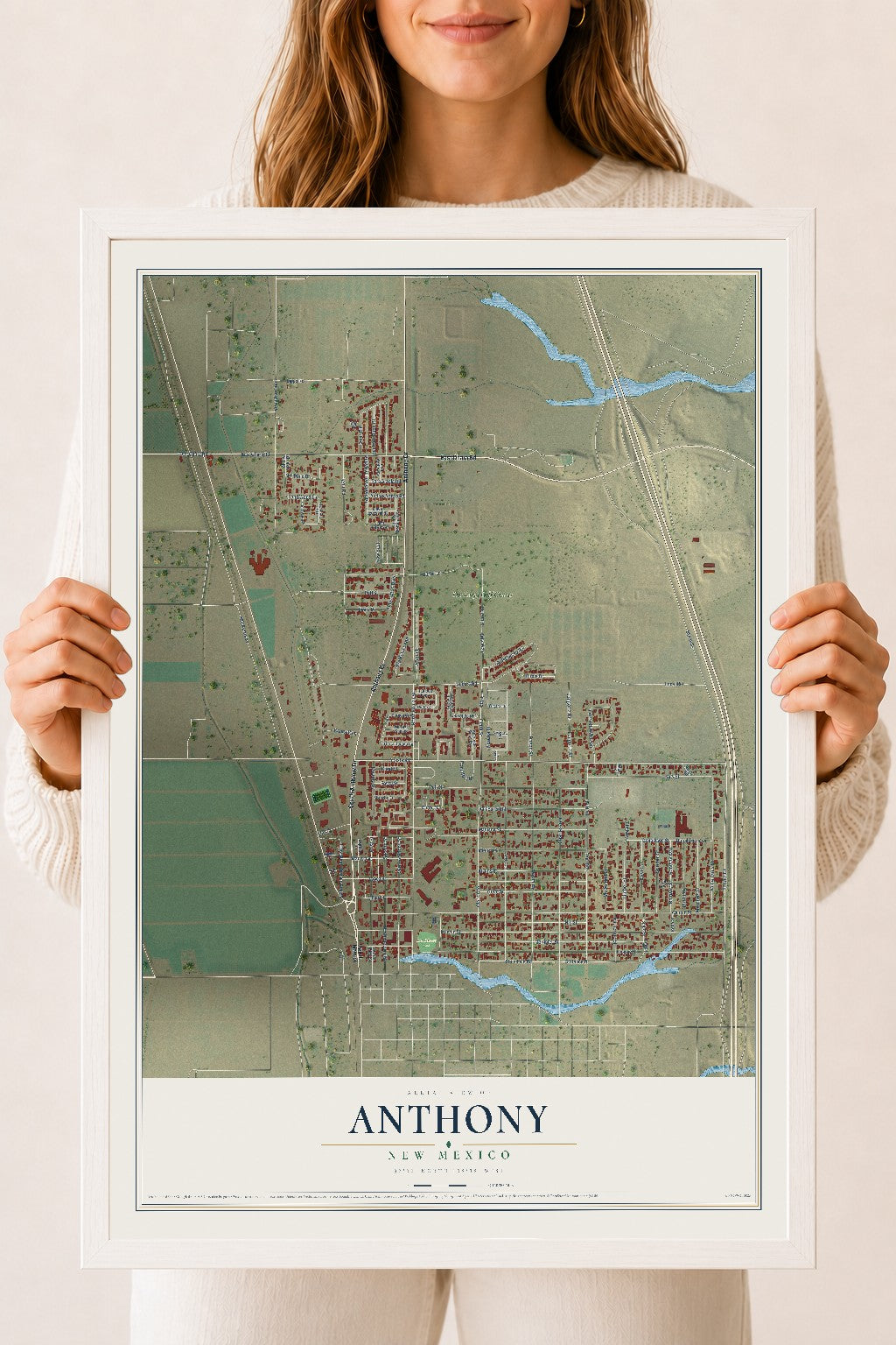 Map of Anthony, New Mexico, 18 x 24 inch print in a white wood frame
