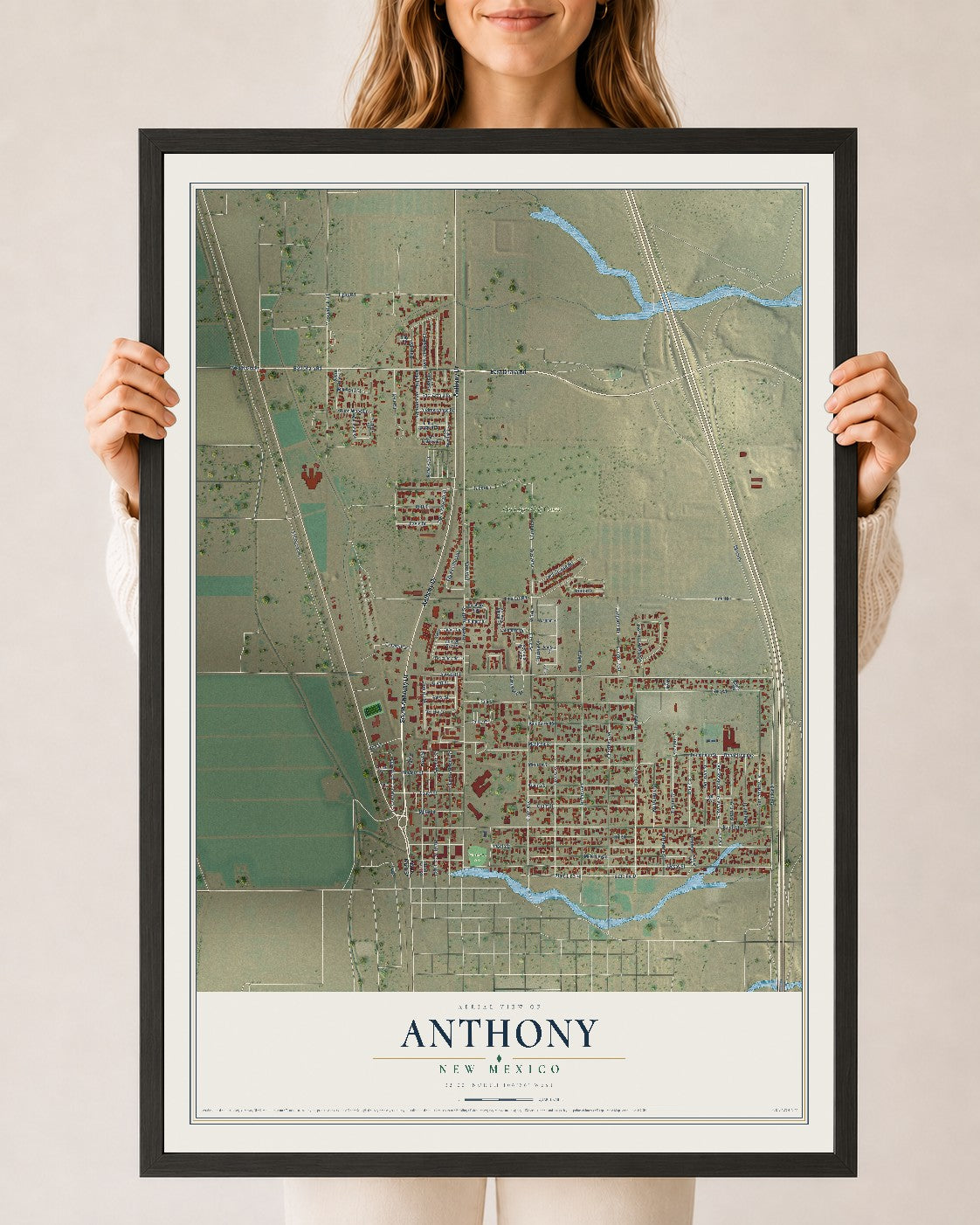 Map of Anthony, New Mexico, 24 x 36 inch print in a black wood frame