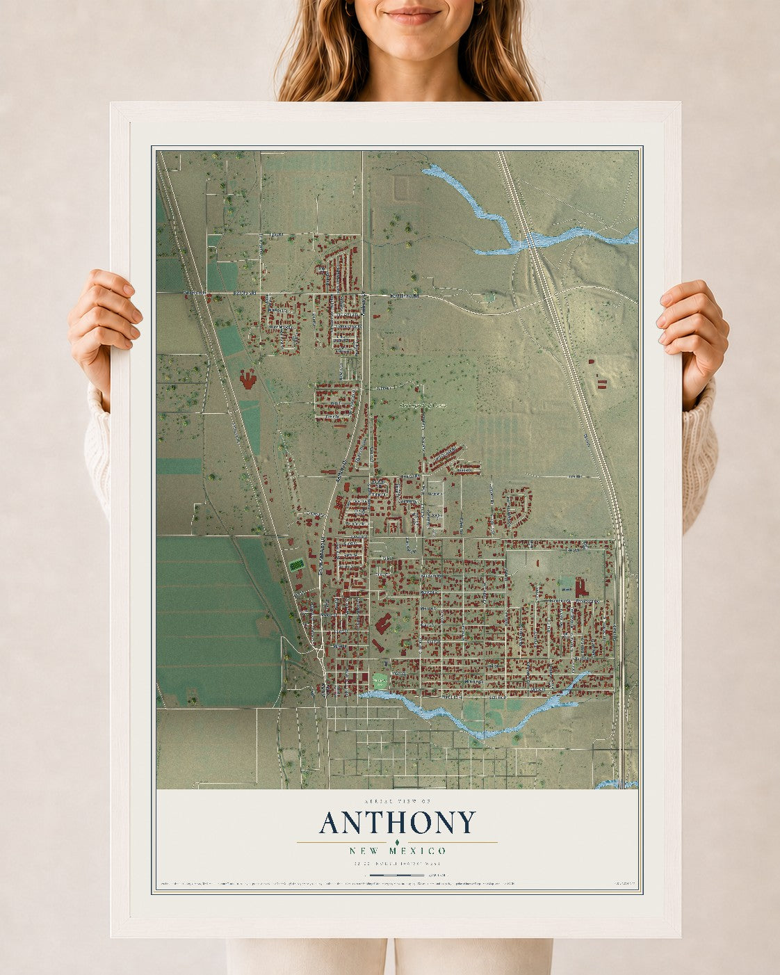 Map of Anthony, New Mexico, 24 x 36 inch print in a white wood frame