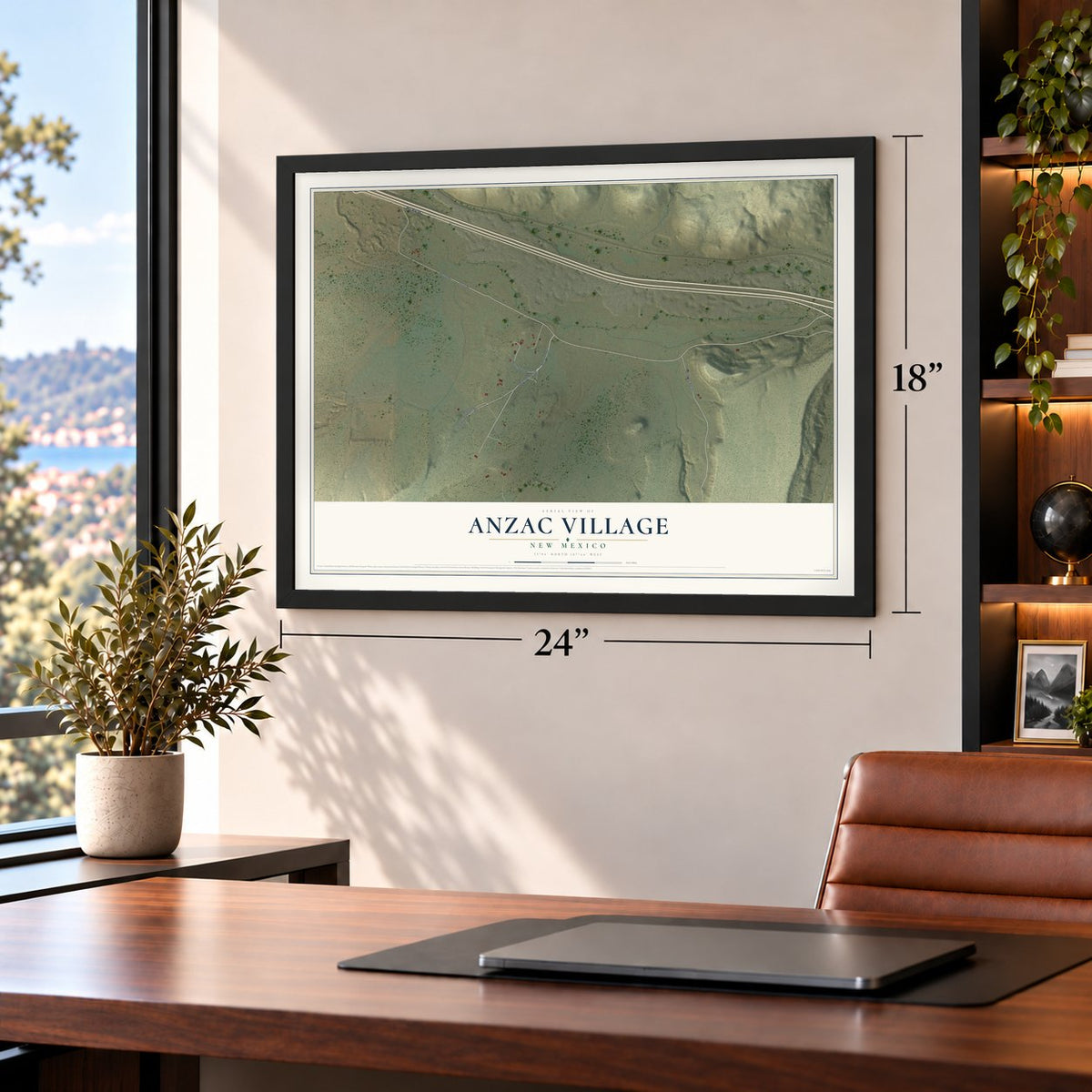 Anzac Village, New Mexico map, 18 x 24 inch print in a black frame in a home office