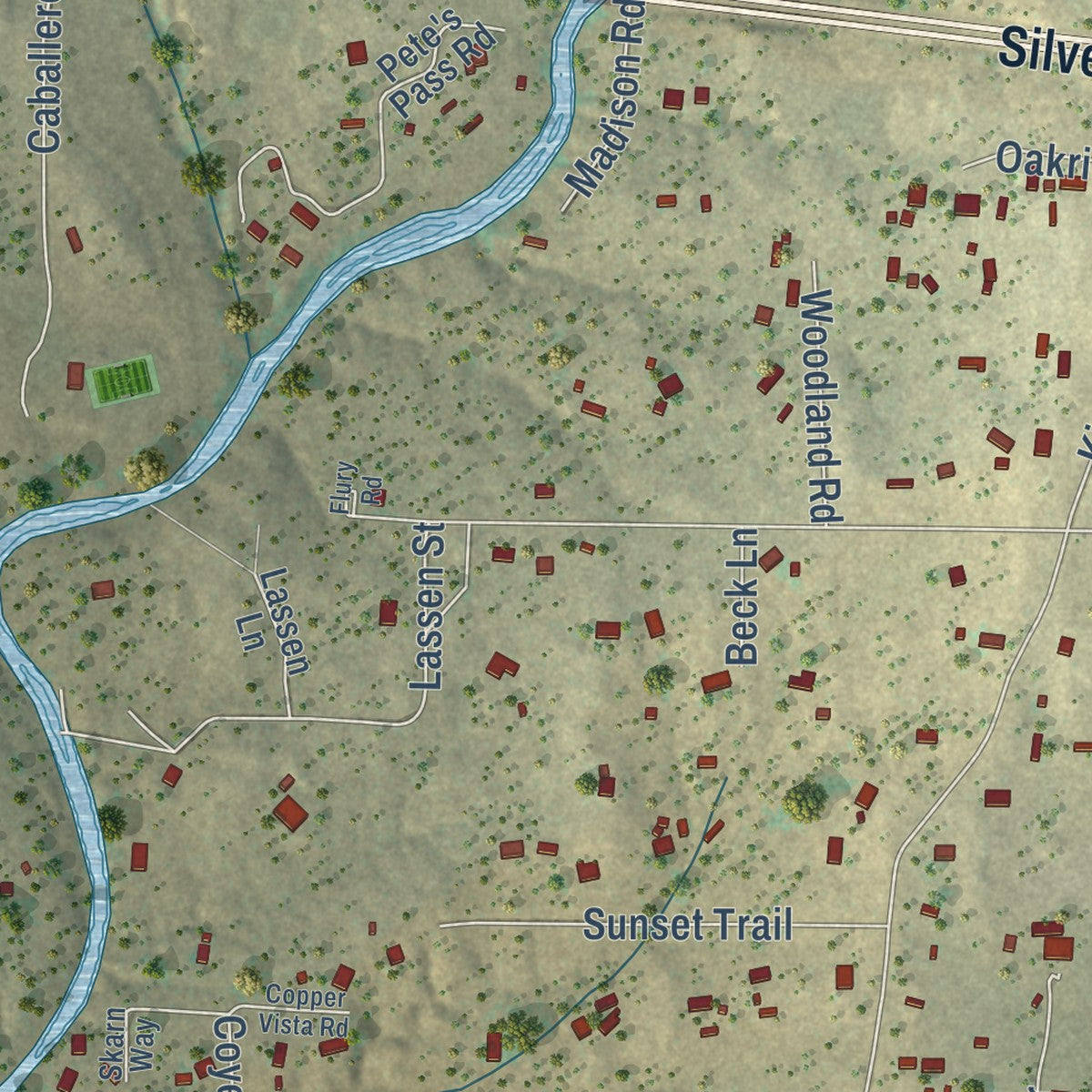 Close-up of the map of Arenas Valley, New Mexico print showing street and building detail