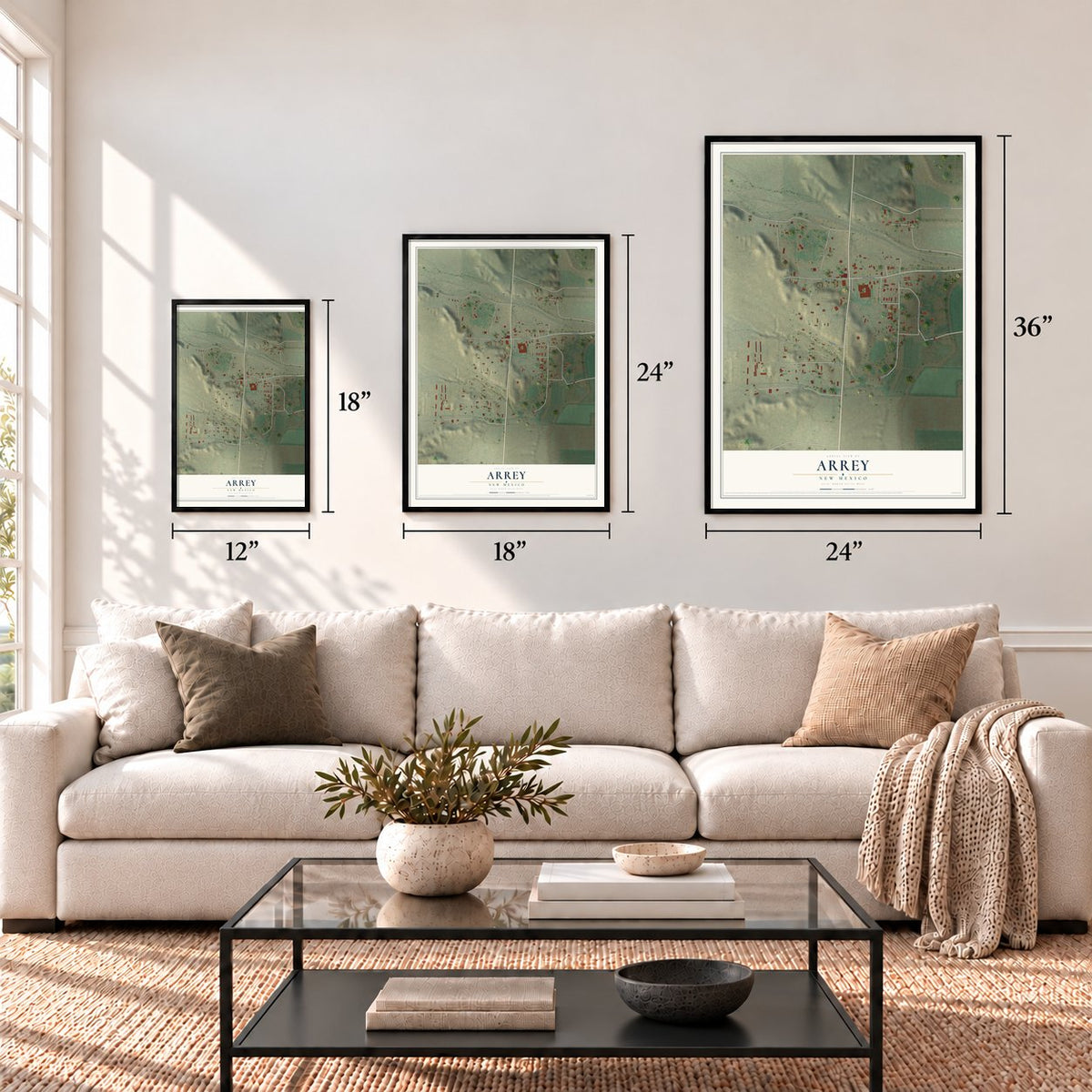 Arrey, New Mexico map in 12 x 18, 18 x 24 and 24 x 36 inch sizes above a sofa