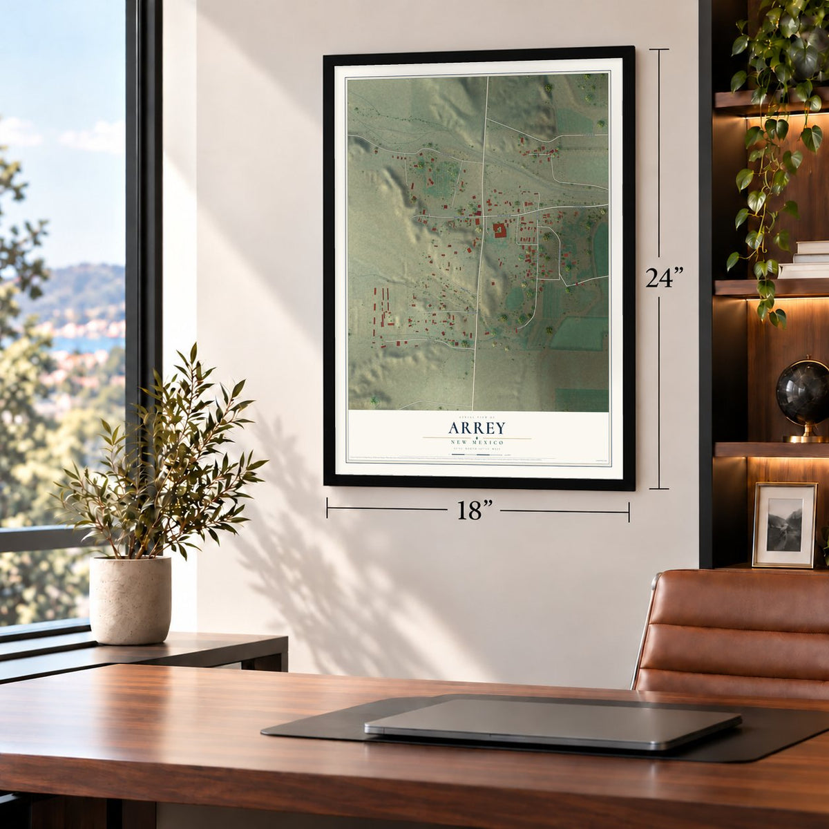 Arrey, New Mexico map, 18 x 24 inch print in a black frame in a home office