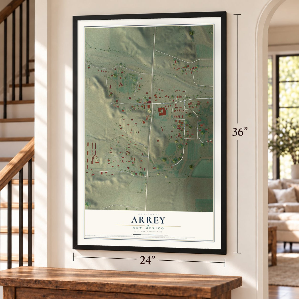 Arrey, New Mexico map, 24 x 36 inch print in a black frame by a staircase