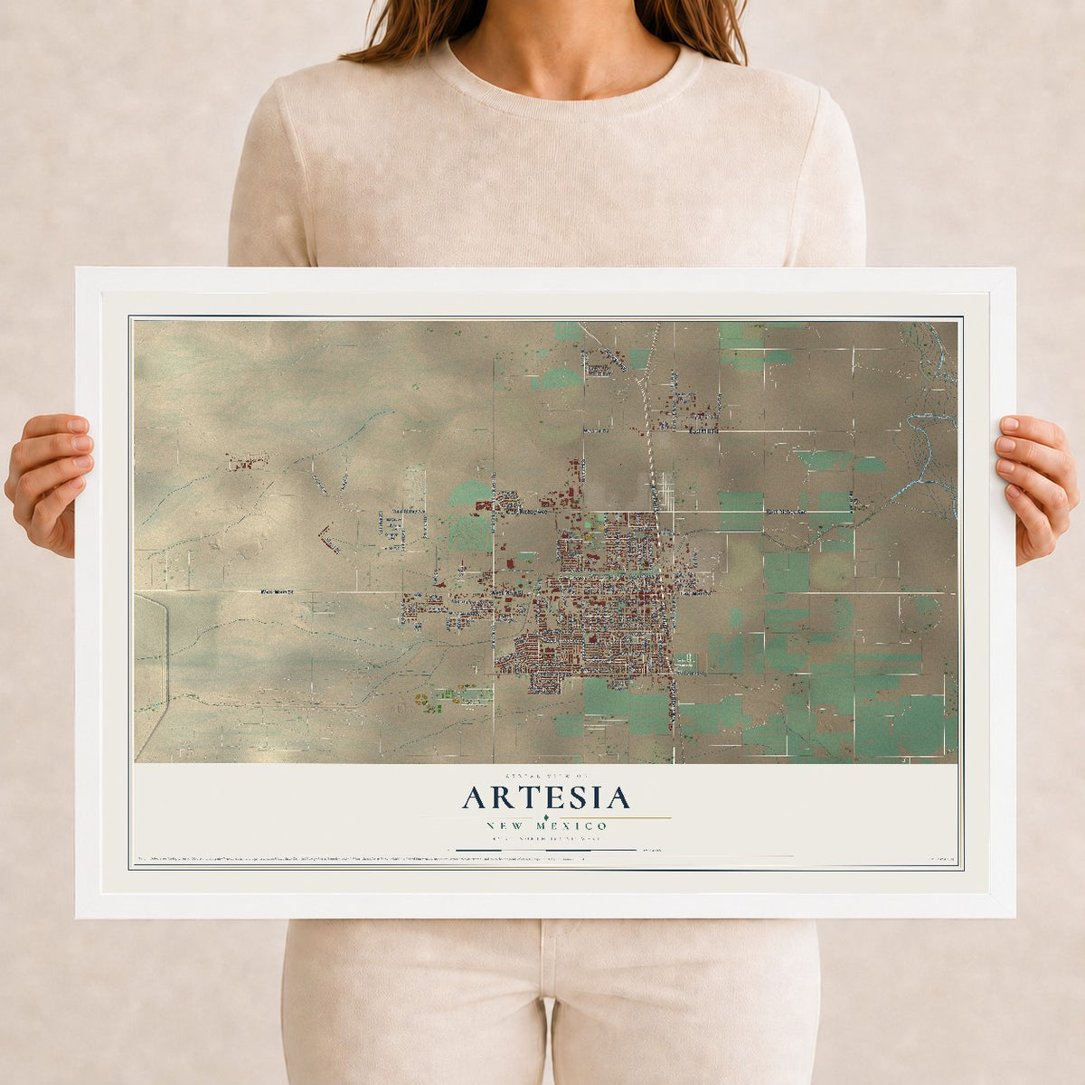 Map of Artesia, New Mexico, 12 x 18 inch print in a white wood frame