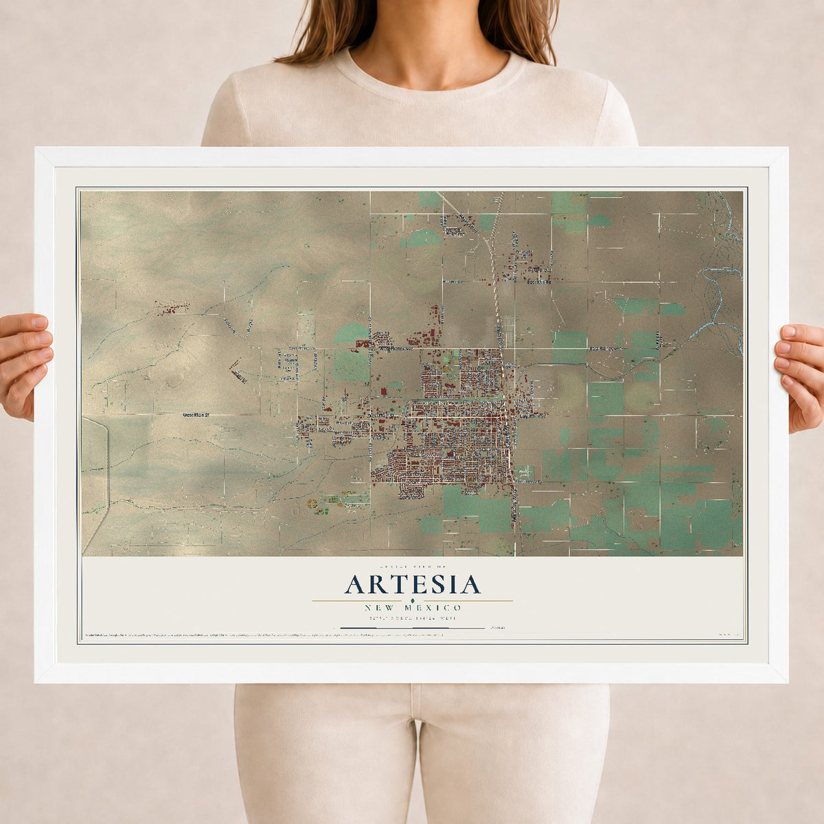Map of Artesia, New Mexico, 18 x 24 inch print in a white wood frame