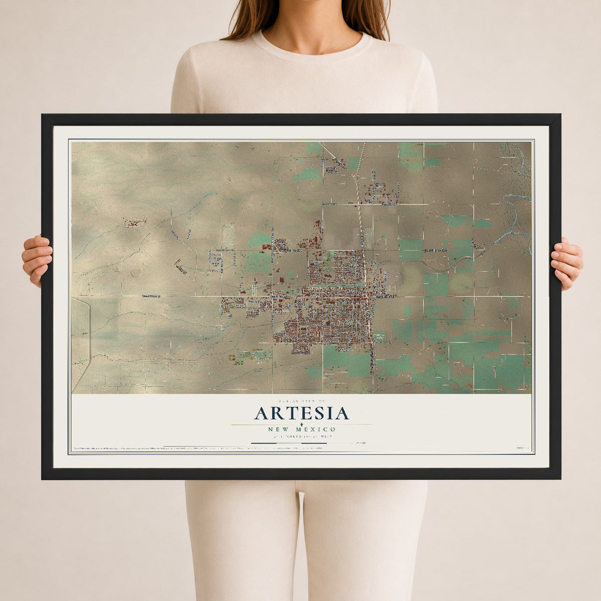 Map of Artesia, New Mexico, 24 x 36 inch print in a black wood frame
