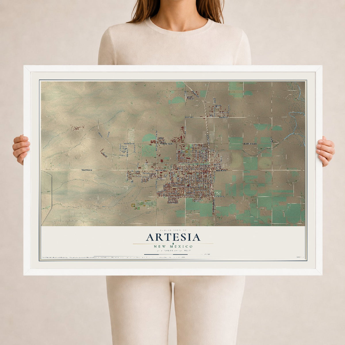 Map of Artesia, New Mexico, 24 x 36 inch print in a white wood frame