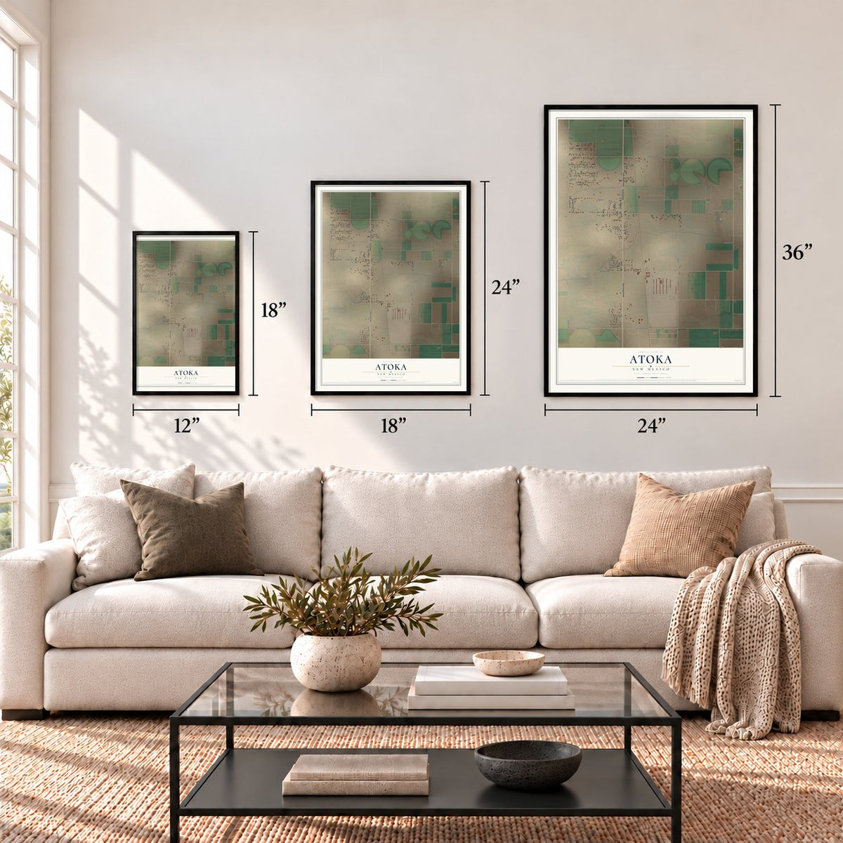 Atoka, New Mexico map in 12 x 18, 18 x 24 and 24 x 36 inch sizes above a sofa