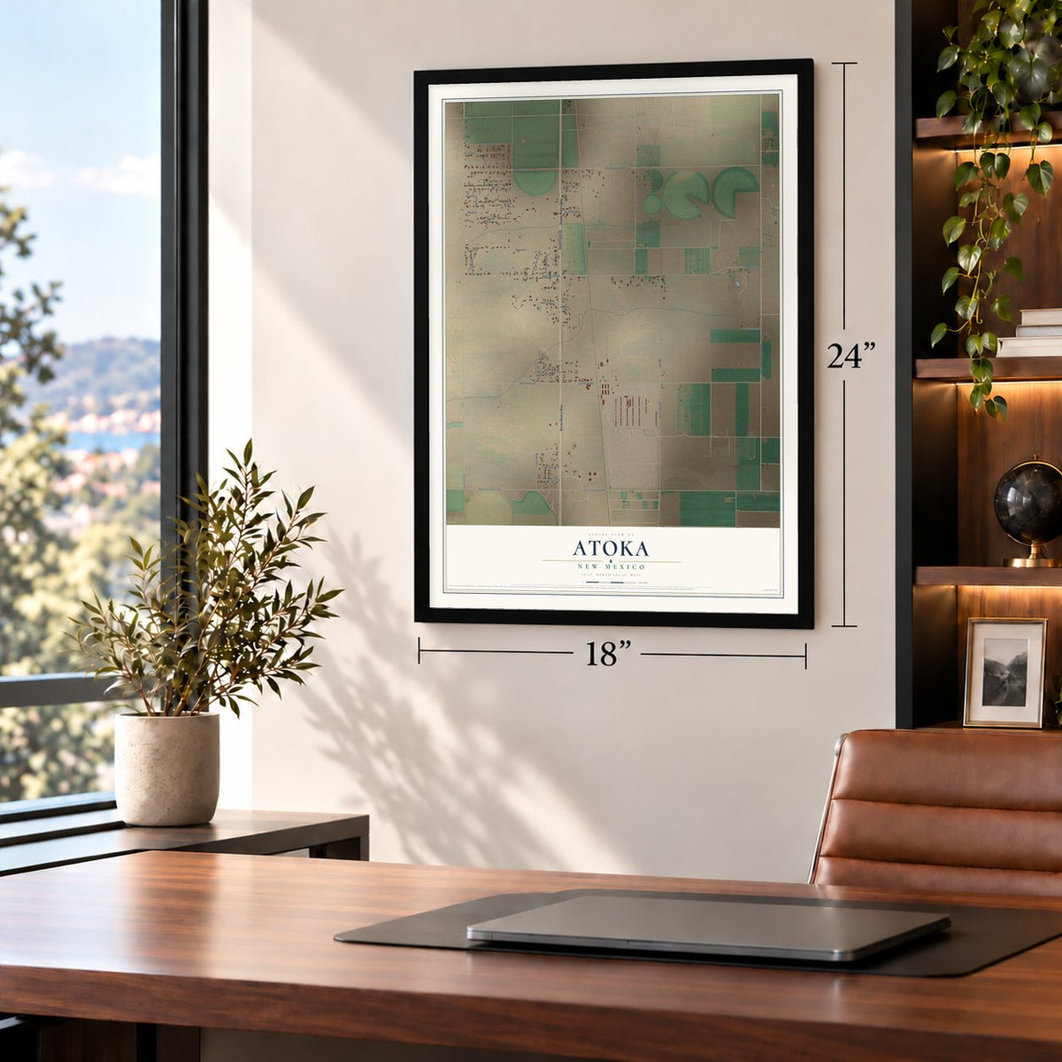 Atoka, New Mexico map, 18 x 24 inch print in a black frame in a home office