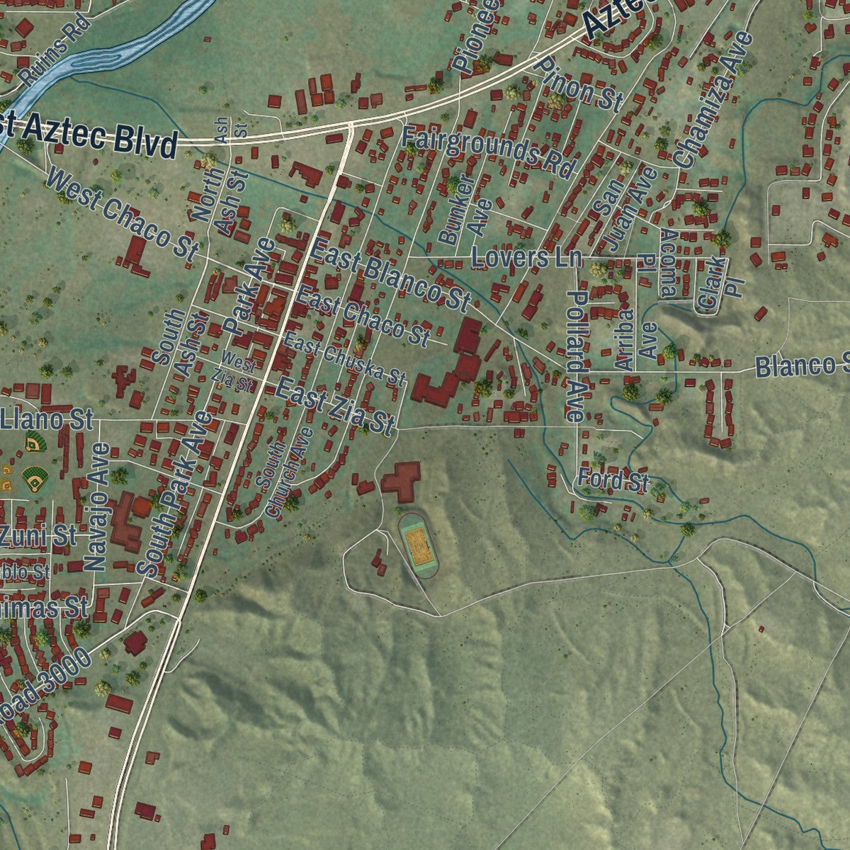 Second close-up of the map of Aztec, New Mexico print showing more streets and buildings