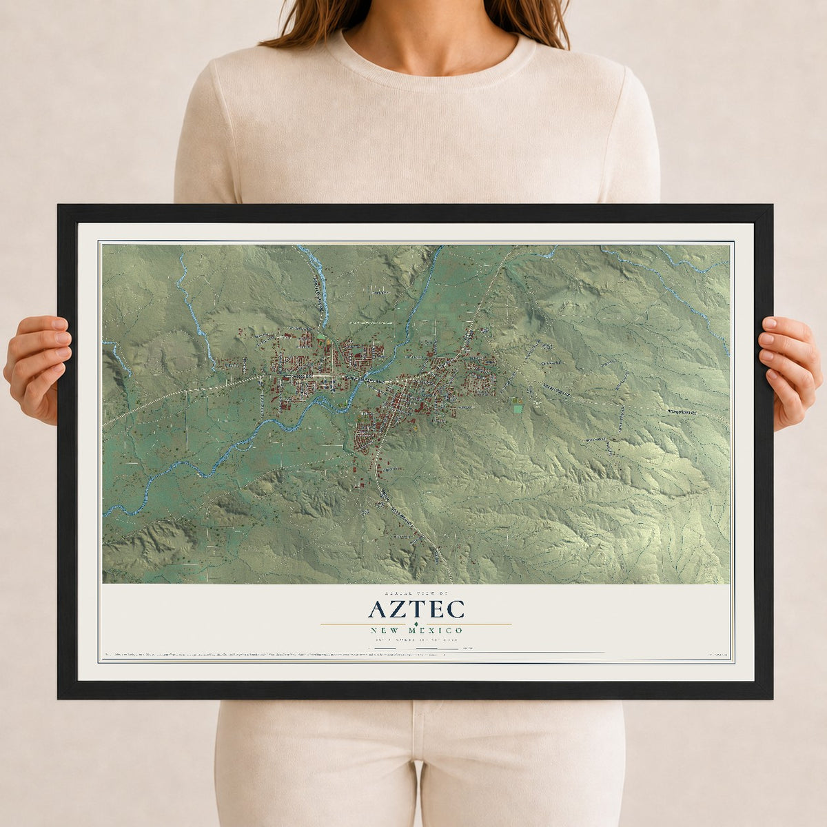 Map of Aztec, New Mexico, 12 x 18 inch print in a black wood frame