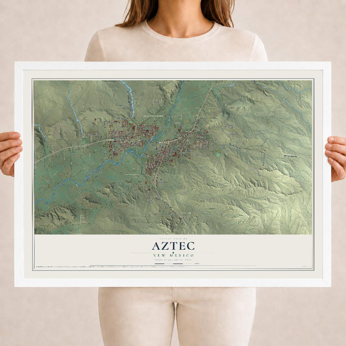 Map of Aztec, New Mexico, 18 x 24 inch print in a white wood frame