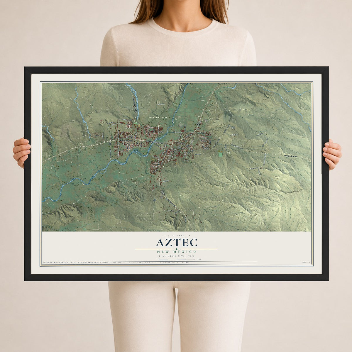 Map of Aztec, New Mexico, 24 x 36 inch print in a black wood frame