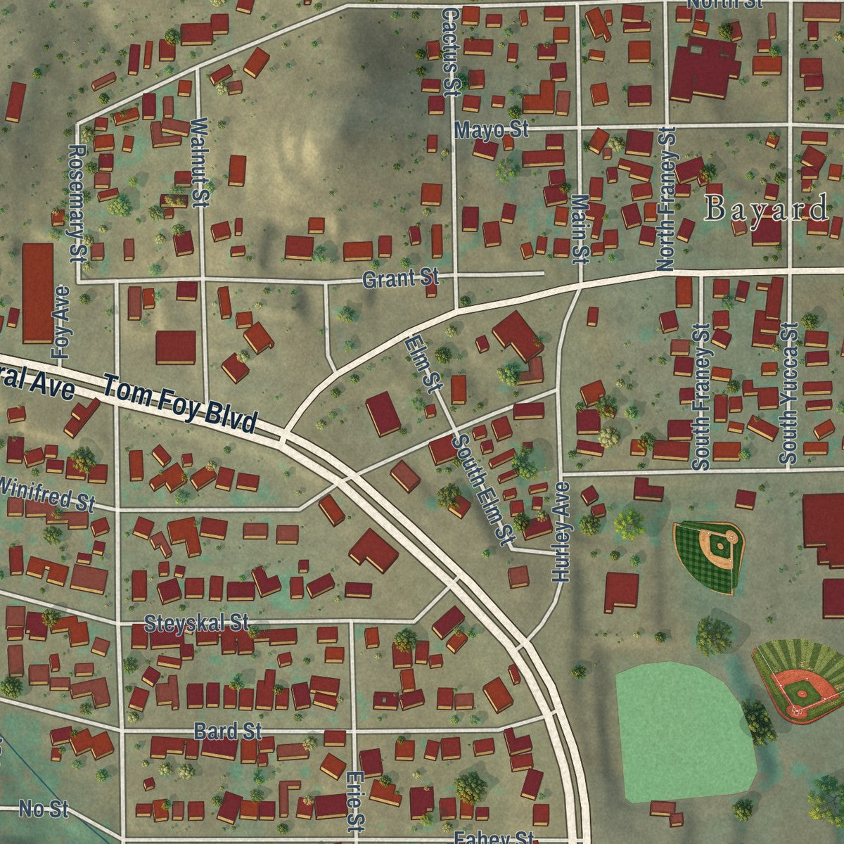 Close-up of the map of Bayard, New Mexico print showing street and building detail