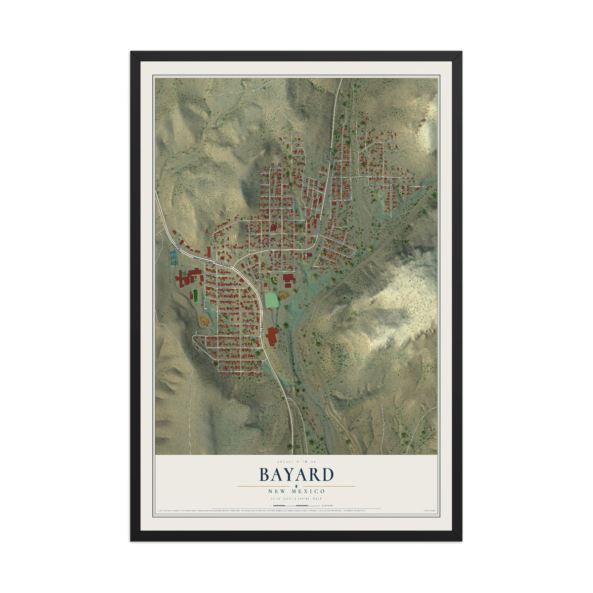 Map of Bayard, New Mexico, 12 x 18 inch print in a black wood frame