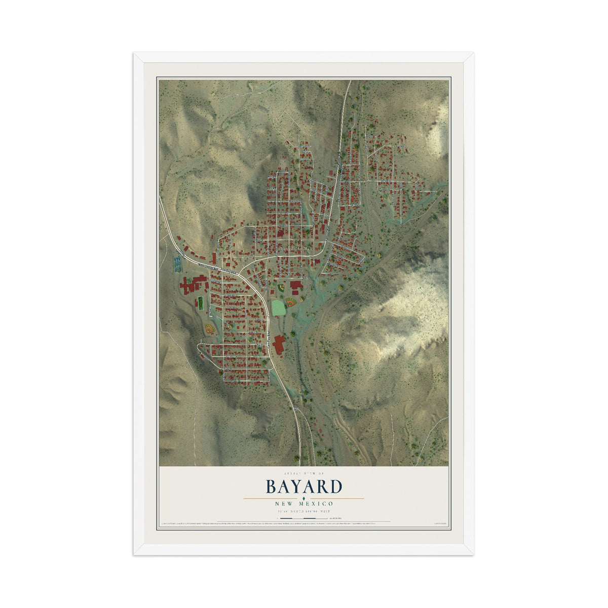 Map of Bayard, New Mexico, 12 x 18 inch print in a white wood frame