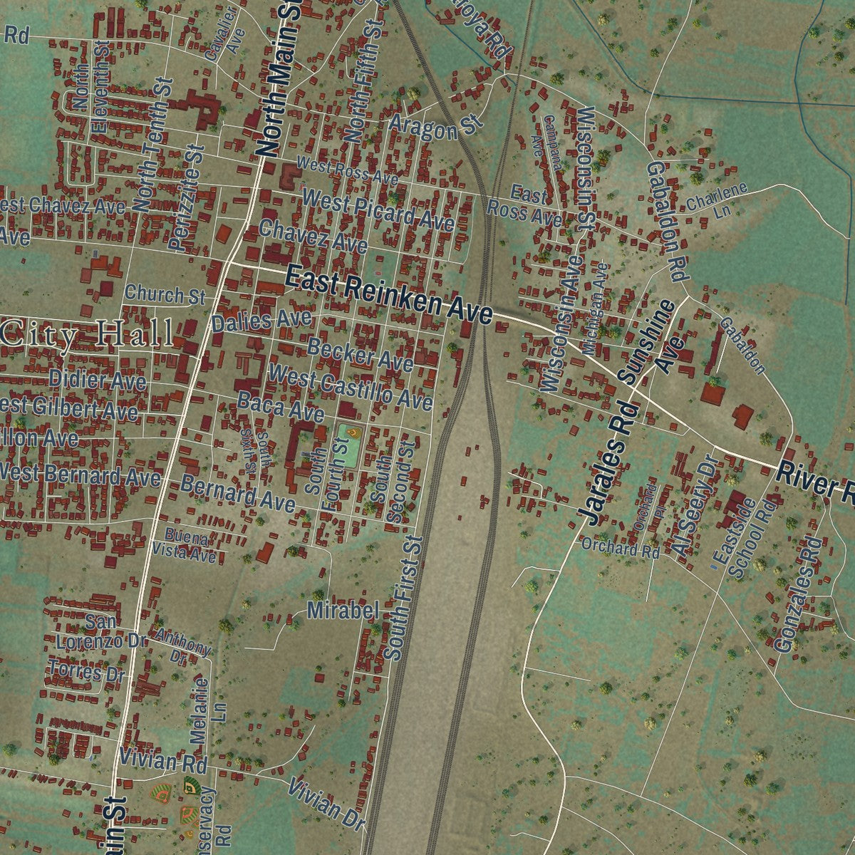 Close-up of the map of Belen, New Mexico print showing street and building detail