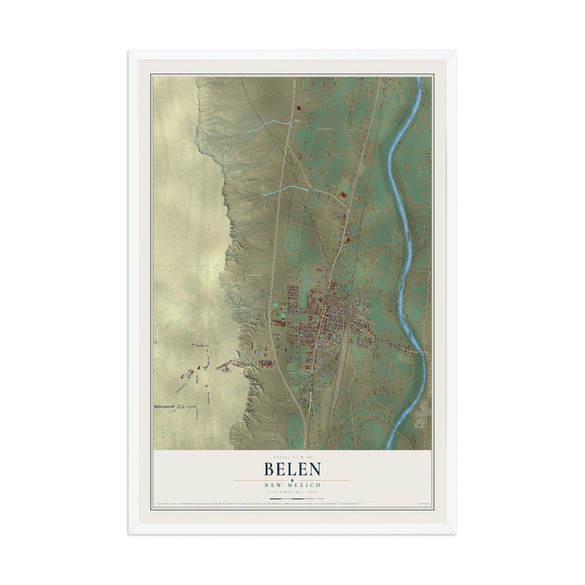 Map of Belen, New Mexico, 12 x 18 inch print in a white wood frame