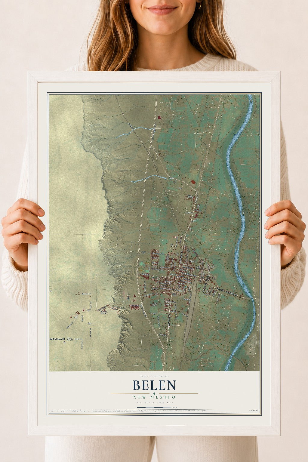 Map of Belen, New Mexico, 18 x 24 inch print in a white wood frame