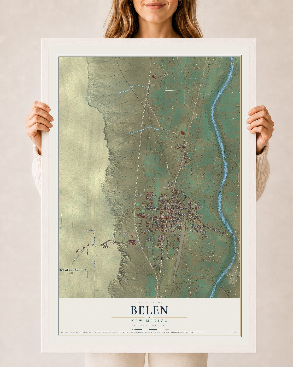 Map of Belen, New Mexico, 24 x 36 inch print in a white wood frame
