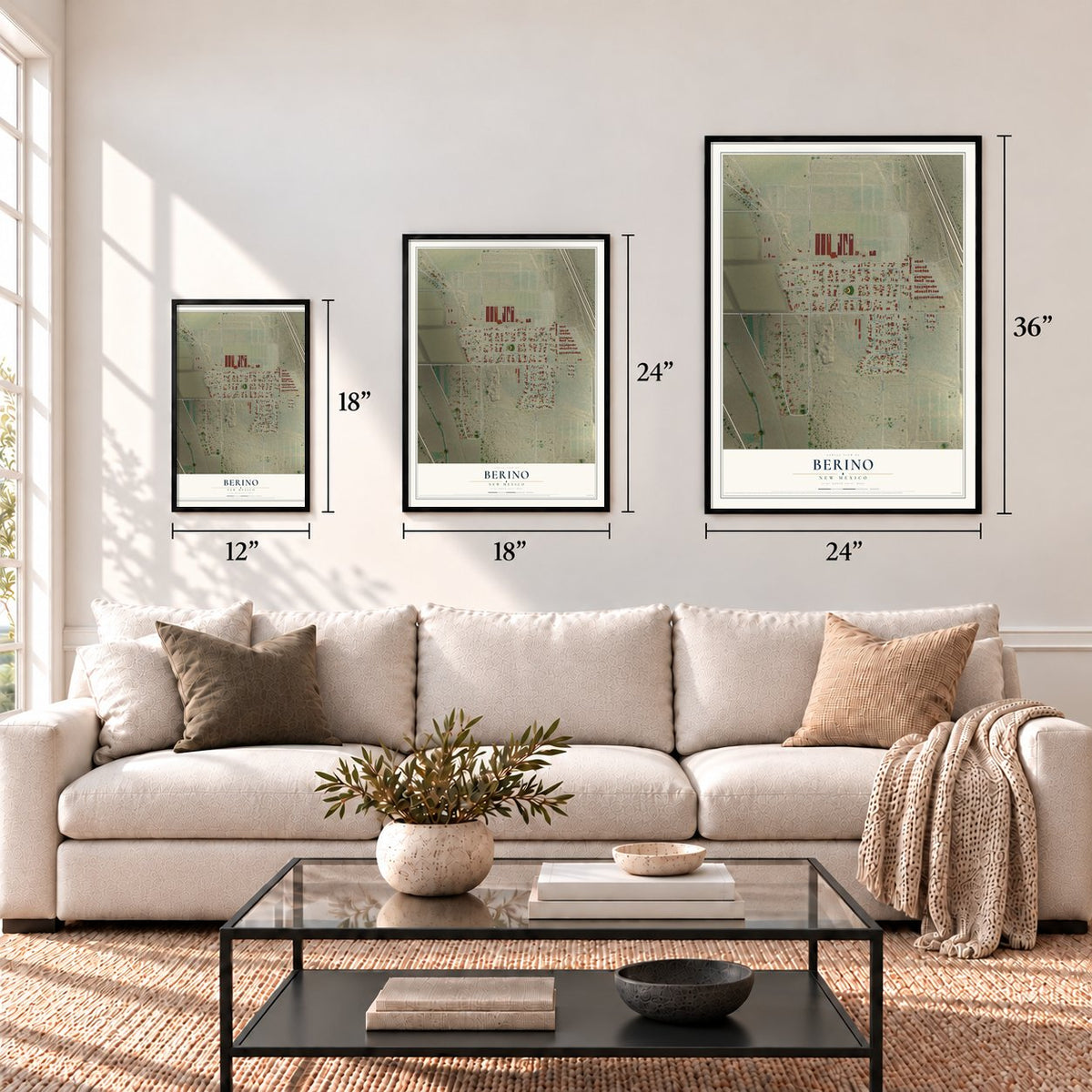 Berino, New Mexico map in 12 x 18, 18 x 24 and 24 x 36 inch sizes above a sofa