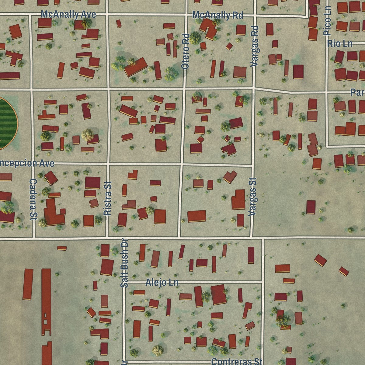 Close-up of the map of Berino, New Mexico print showing street and building detail