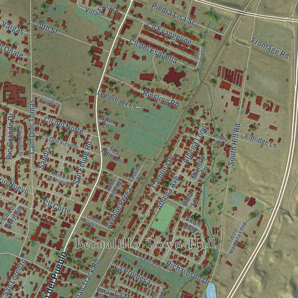 Close-up of the map of Bernalillo, New Mexico print showing street and building detail