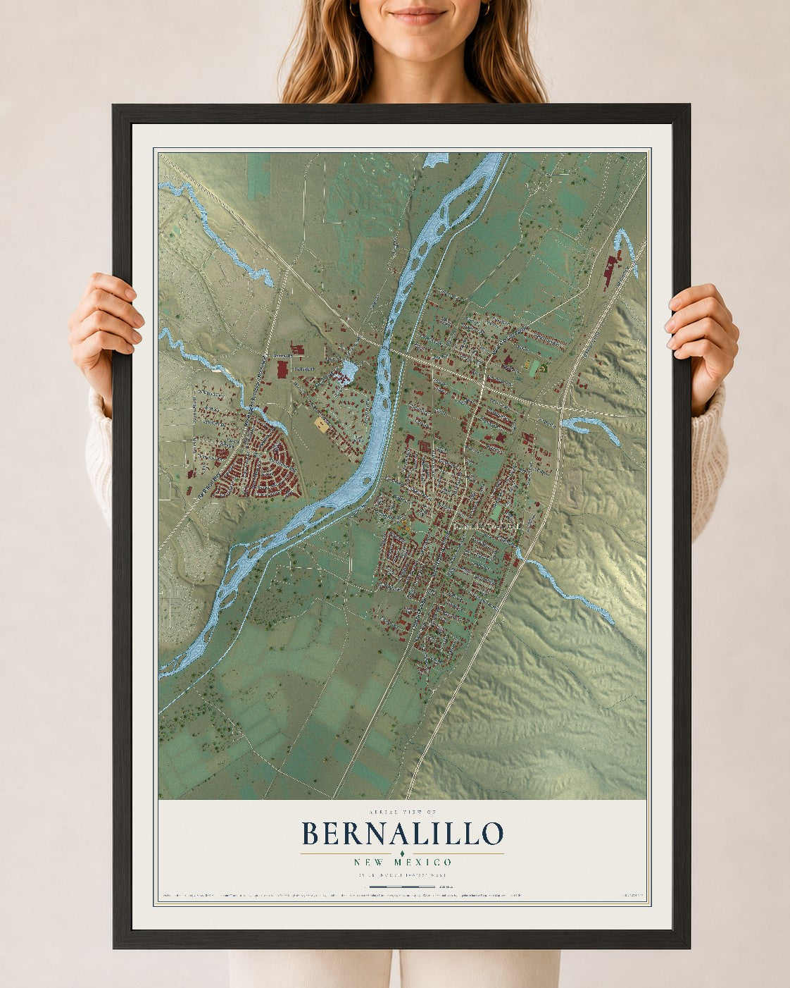 Map of Bernalillo, New Mexico, 24 x 36 inch print in a black wood frame