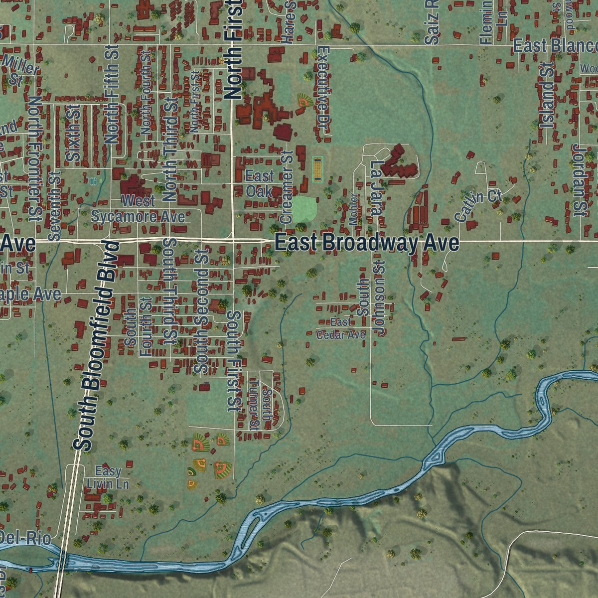 Close-up of the map of Bloomfield, New Mexico print showing street and building detail