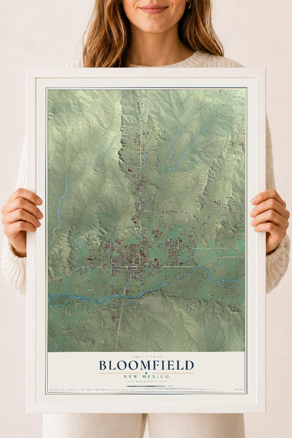Map of Bloomfield, New Mexico, 18 x 24 inch print in a white wood frame