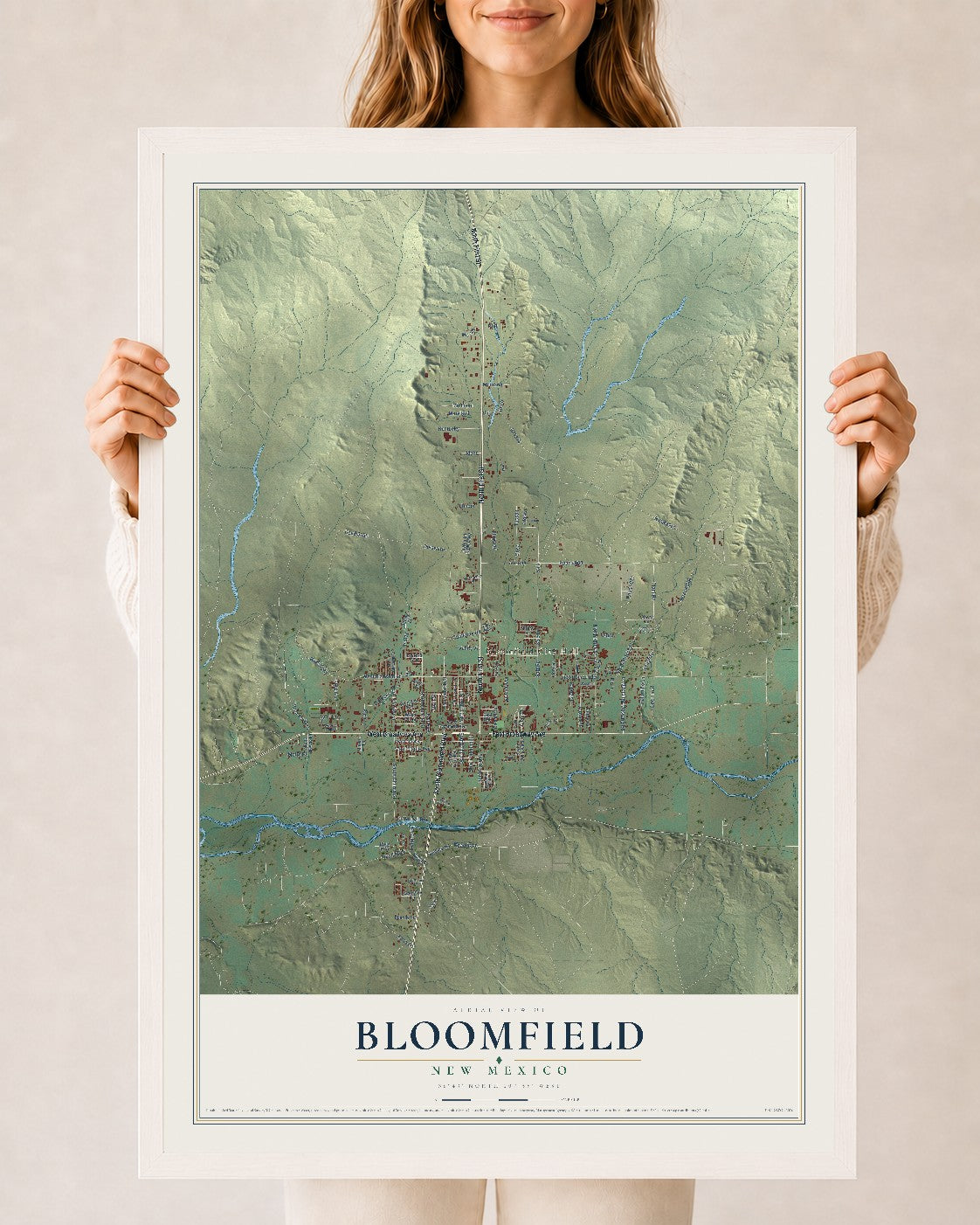 Map of Bloomfield, New Mexico, 24 x 36 inch print in a white wood frame