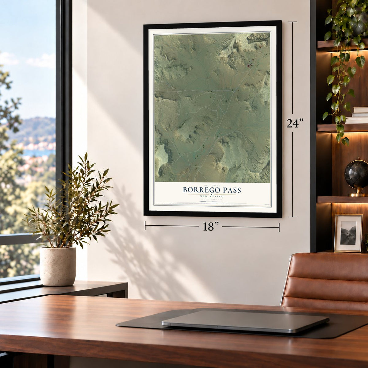Borrego Pass, New Mexico map, 18 x 24 inch print in a black frame in a home office
