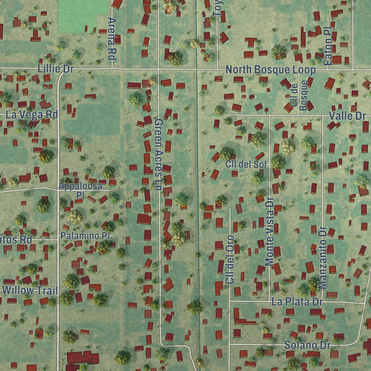 Second close-up of the map of Bosque Farms, New Mexico print showing more streets and buildings