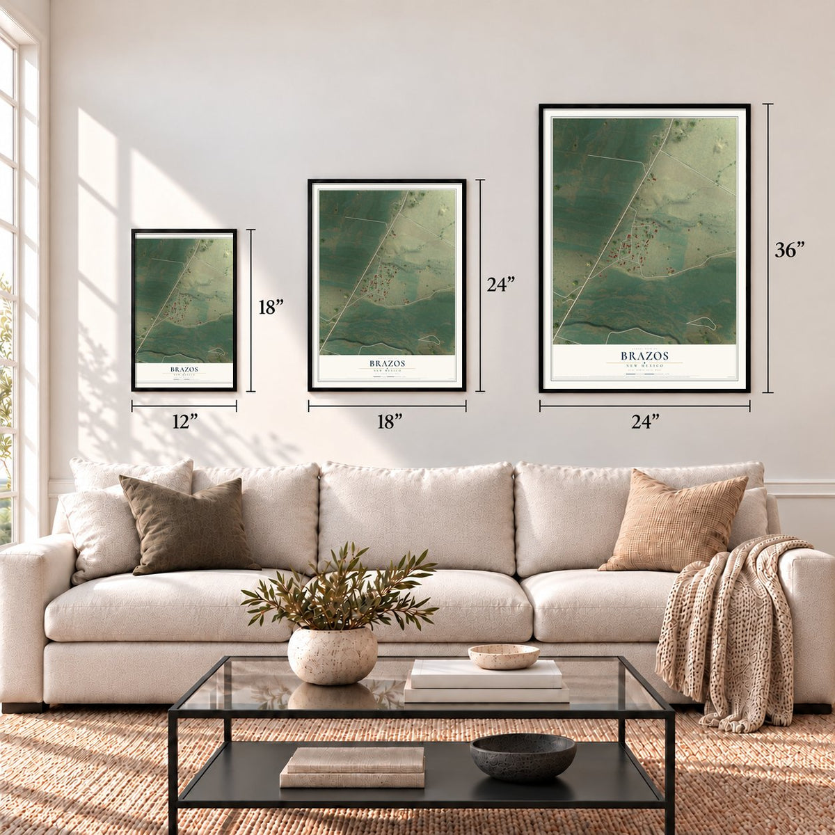 Brazos, New Mexico map in 12 x 18, 18 x 24 and 24 x 36 inch sizes above a sofa