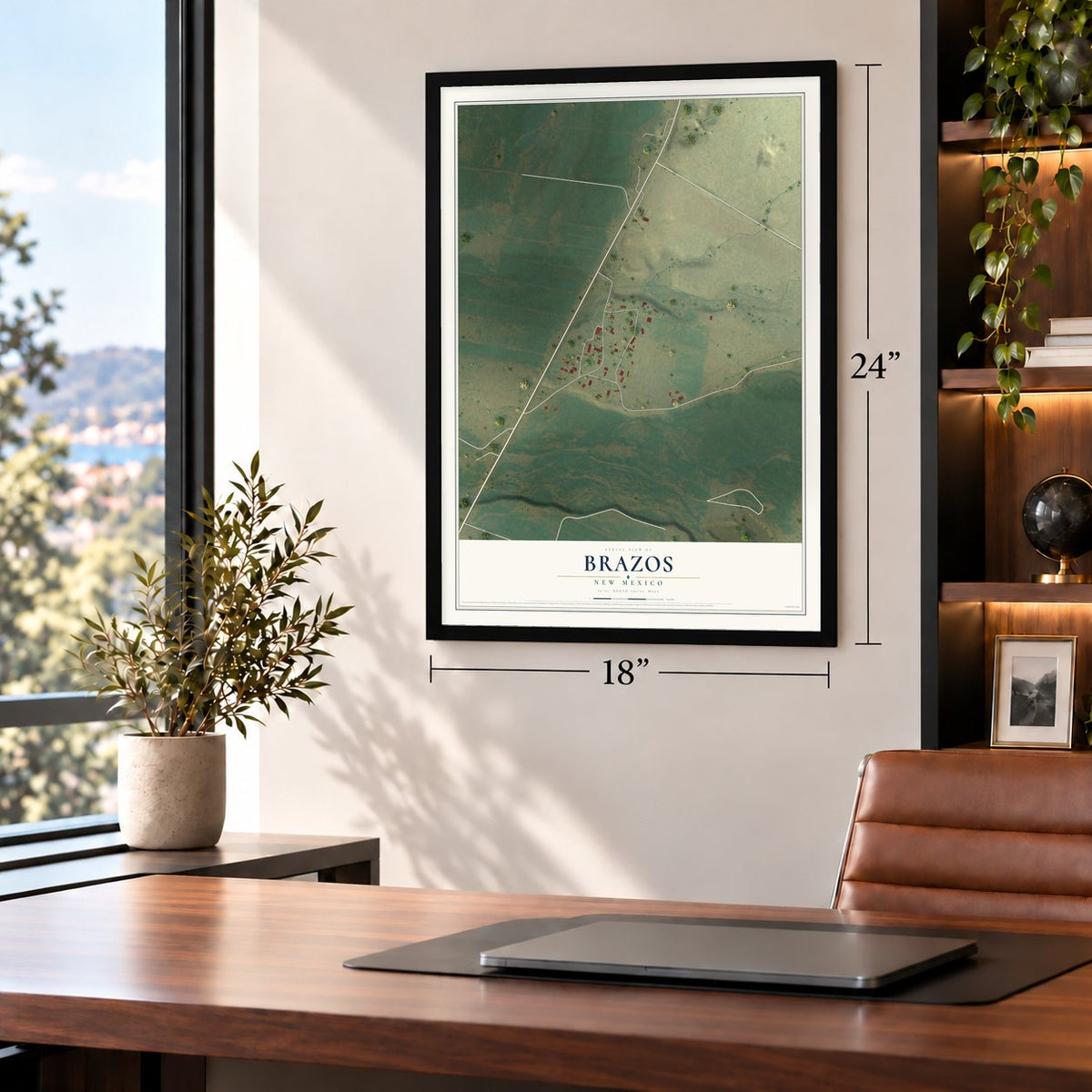 Brazos, New Mexico map, 18 x 24 inch print in a black frame in a home office
