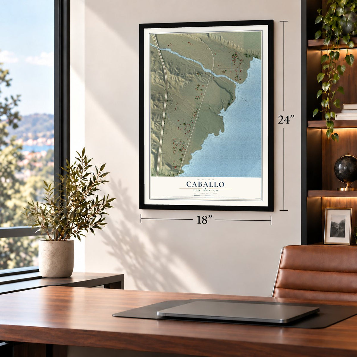 Caballo, New Mexico map, 18 x 24 inch print in a black frame in a home office