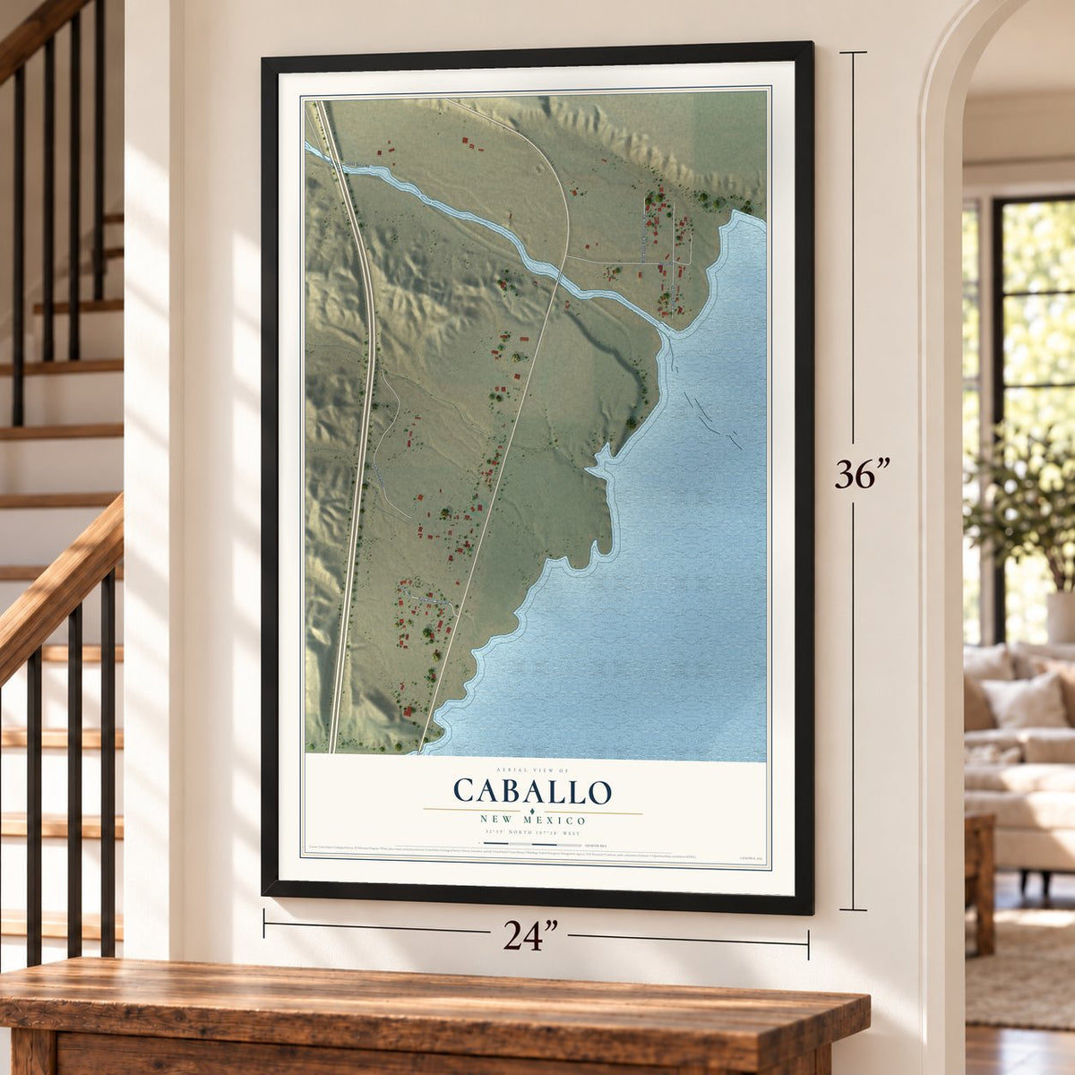 Caballo, New Mexico map, 24 x 36 inch print in a black frame by a staircase
