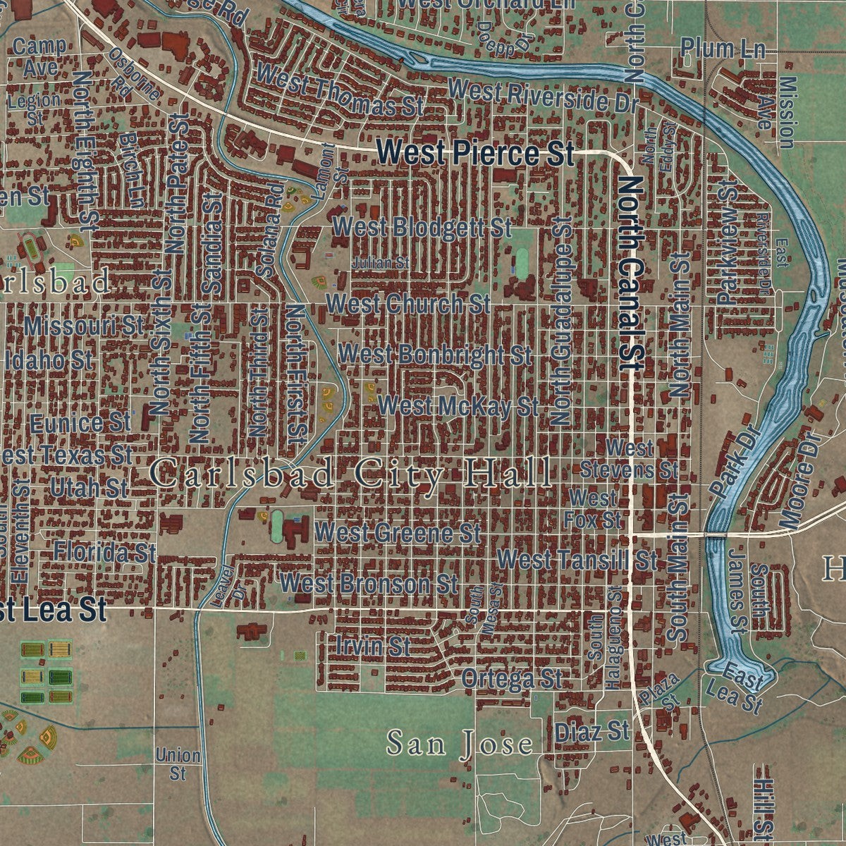 Close-up of the map of Carlsbad, New Mexico print showing street and building detail