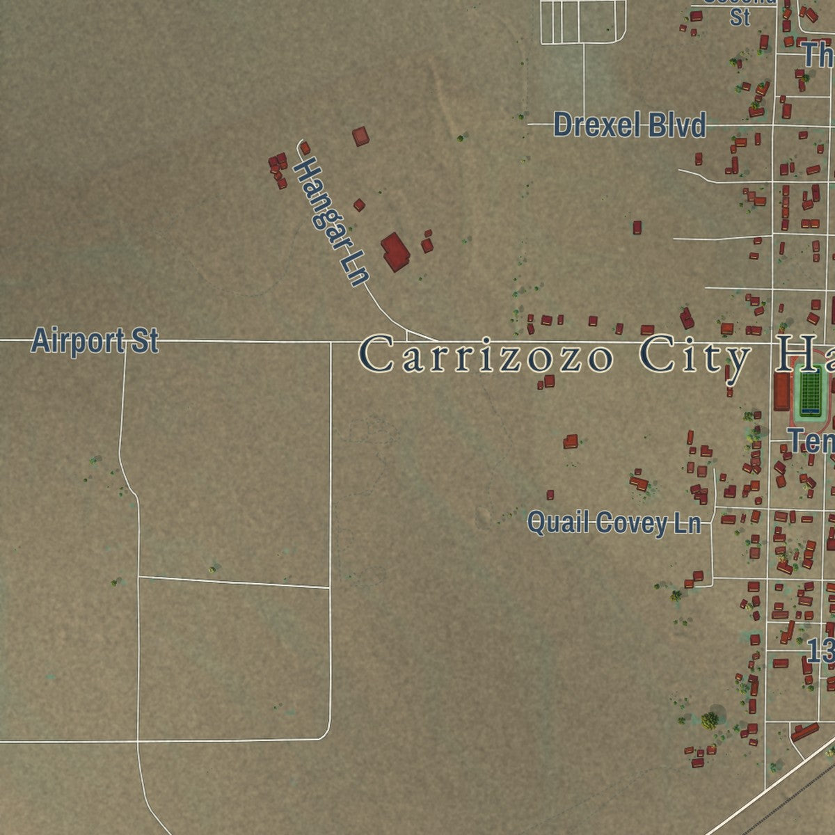 Second close-up of the map of Carrizozo, New Mexico print showing more streets and buildings