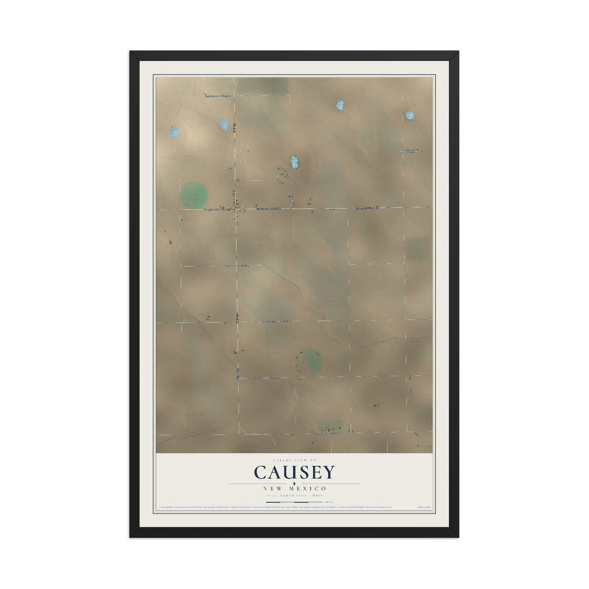 Map of Causey, New Mexico, 12 x 18 inch print in a black wood frame