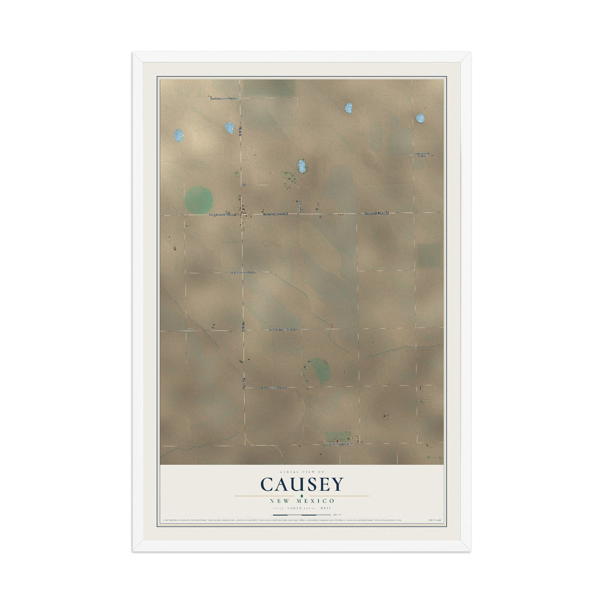 Map of Causey, New Mexico, 12 x 18 inch print in a white wood frame