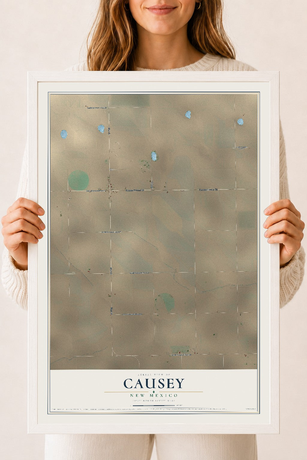 Map of Causey, New Mexico, 18 x 24 inch print in a white wood frame
