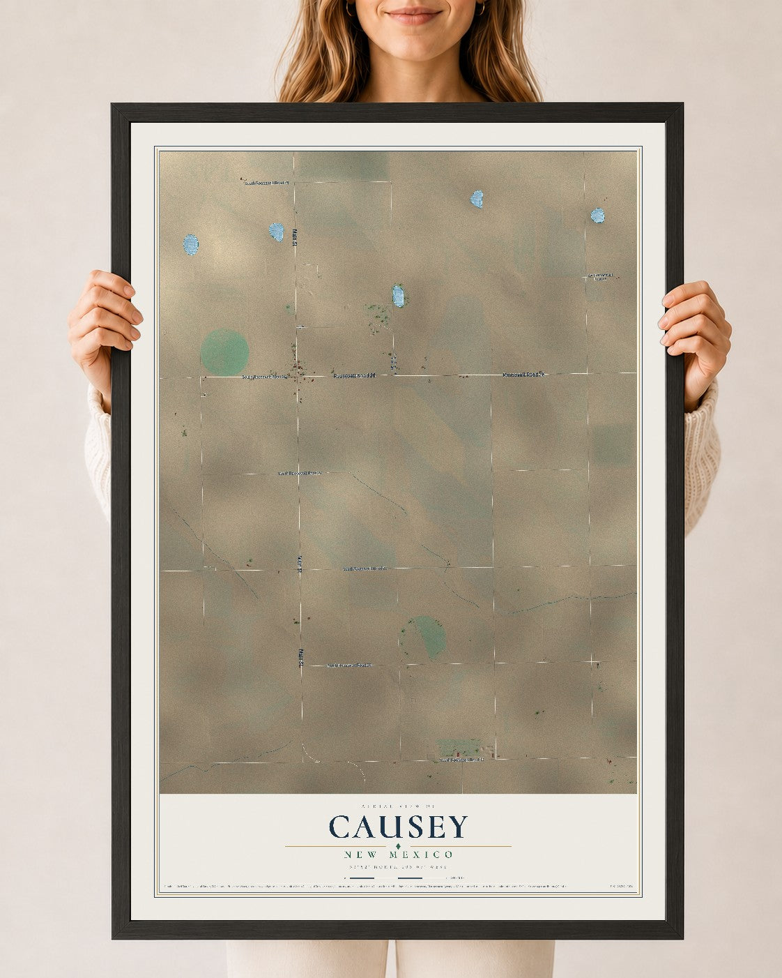 Map of Causey, New Mexico, 24 x 36 inch print in a black wood frame
