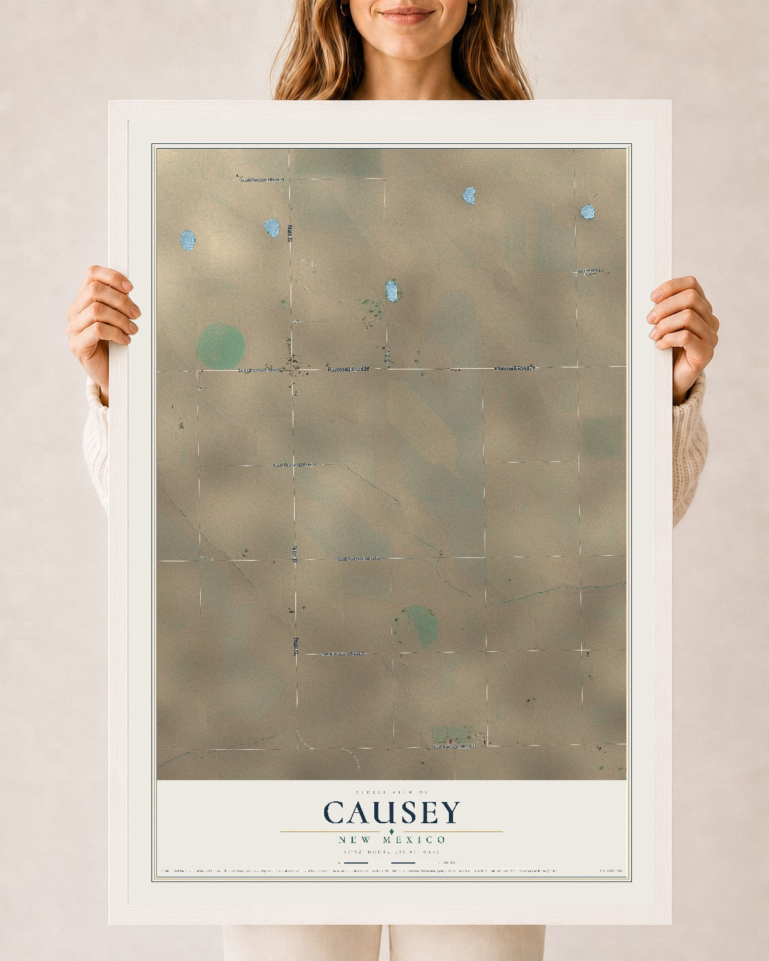 Map of Causey, New Mexico, 24 x 36 inch print in a white wood frame